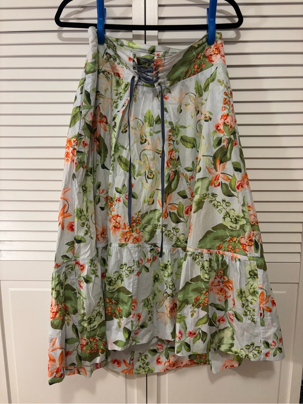 Tommy Hilfiger Blue and Green Floral Tiered Midi Skirt